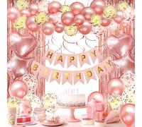 Rose Gold Birthday Decorations - Happy Birthday Banner, Confetti Balloons, Fringe Curtain, Heart Star Foil Balloons, Hanging Swirls for Princess Party