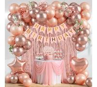Rose Gold Birthday Decorations, Rose Gold Party Decorations for Women | Rose Gold Balloons Happy Birthday Banner Tinsel Curtain Star Heart Foil Balloons for Girls Women Birthday Decorations Party