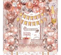 Rose Gold Birthday Decorations, Rose Gold Party Decorations Set Happy Birthday Banner, Latex Balloons, Star Heart Foil Balloons, Fringe Curtain Tablecloth Sash Tiara Crown Pom Poms for Women Girls