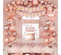 Rose Gold Birthday Decorations Set for Women Girls - Happy Birthday Banner,Confetti Balloons,Fringe Curtain,Exploding Star Foil Balloon,Tablecloth & Crown for Party Decorations