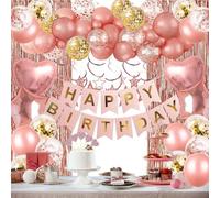 Rose Gold Birthday Party Decorations, Happy Birthday Banner, Rose Gold Fringe Curtain, Heart Star Foil Confetti Balloons, Hanging Swirls for Women Girls Birthdays Princess Party