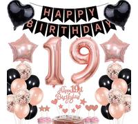 Rose Gold Black 19th Birthday Decoration Set - Girl Boy Banner, Cake Topper, Gift