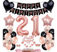 Rose Gold & Black 21st Birthday Cake Topper Set for Women with Decorations & Banner