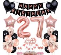 Rose Gold & Black 27th Birthday Cake Topper Set for Women with Banner