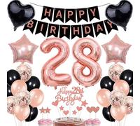 Rose Gold Black 28th Birthday Cake Topper Set for Women with Banner