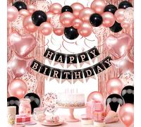 Rose Gold Black Birthday Decorations - Happy Banner, Confetti Balloons, Fringe Curtain, Heart Star Foil Balloons, Hanging Swirls for Women Girls Princess Party