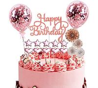 Rose Gold Cake Toppers - 17pcs Confetti Balloon & Star Paper Fans for Birthday & Anniversary Decor