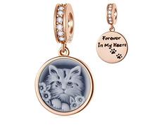 Rose Gold Cat Dangle, Shell Made Cute Kitten Charms, fit Pandora Animal Bracelet, 925 Sterling Silver Cat Paw Print 'Forever In My Heart' Pendant Beads, Gifts for Pet Lover/Wife