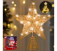 Rose Gold Christmas Tree Topper Star, 25 CM Rose Gold Wire Glitter Tree Top, 20 LED Lights Glittered Metal Christmas Decorations, Xmas Ornaments Topper Holder for Christmas Tree Home Decoration