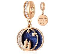 Rose Gold Couple on Crescent Moon Dangle CZ Charms, fit Pandora Wedding Anniversary Bracelet, 925 Sterling Silver I Love You to The Moon and Back Beads, Gift for Valentines/Lover