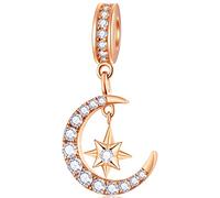 Rose Gold Crescent Moon Star Pendant Charms fit Pandora Valentines Day Bracelet, 925 Sterling Silver I Love You to The Moon and Back Starry Night CZ Beads, Gifts for Bride/Couple/Wedding
