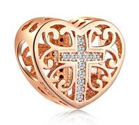 Rose Gold Cross in Heart Charms fit Pandora Religious Easter Bracelet, 925 Sterling Silver Christian Prayer Cross Beads, Faith Hope Charm Gifts for Best Friends/Granny/Mothers Day