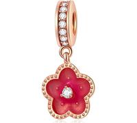 Rose Gold Dangle Little Red Flower Charms, fit Pandora Valentines Bracelet, 925 Sterling Silver Floral Flowers Bloom Enamel Pendant Beads with CZ, Gifts for Mothers Day/Grandma