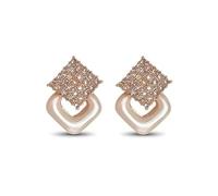 Rose Gold Diamond Stud Earrings with Pearl Drop, Geometric Square Design, Crystal Embellished