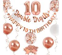 Rose Gold Double Digits Happy 10th Birthday Banner, Garland, Foil Balloon, 10 for Girls & Boys, Decorations, Hanging, Cheers to 10 Years Old, Ten Birthday Party Supplies Backdrop