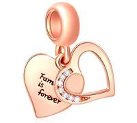 Rose Gold Double Hearts Printed Family is Forever Charms Dangle, fit Pandora Mothers Day Bracelet, 925 Sterling Silver Family Always Pendant Beads, Gift for Godmother/Valentines