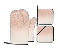Rose Gold Faux Glitter Printed Pot Holders and Oven Gloves, 4pc Kitchen Set Heat Resistant, for Grilling