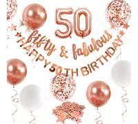 Rose Gold Fifty & Fabulous Happy 50th Birthday Banner Garland Foil Balloon 50 for Women 50th Birthday Decorations 50th Birthday Hanging 50 and Fabulous Cheers to 50th Birthday Party