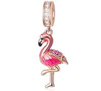 Rose Gold Flamingo Pendant Charms, fit Pandora Valentines Bracelet, 925 Sterling Silver Tropical Bird Dance Dangle Beads with Pink Enamel CZ, Gift for Couple/Daughter/Birthday