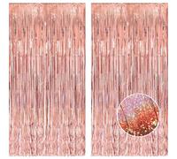 Rose Gold Foil Fringe Curtain Girls Party Backdrop Decorations - BRAVESHINE 2PCS 3.2x8.2ft Tinsel Curtains Glitter Photo Booth Props for Birthday Hen Do Wedding Bridal Shower Valentines Wall Streamers