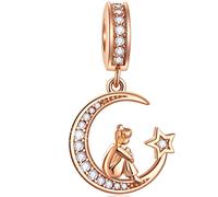 Rose Gold Girl Sitting on Crescent Moon Dangle Charms, fit Pandora Christmas Bracelet, 925 Sterling Silver Moon and Stars CZ Pendant Starry Sky Beads, Gifts for Baby Girl/Big Sister/Friend
