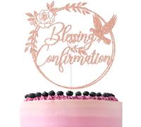 Rose Gold Glitter Blessing Confiirmation Cake Topper, Spring Flower White Dove Confirmation Decor, Religious Baptism Christening Bridal Shower Wedding Engegement Party Decorations Supplies