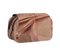 Rose Gold Glitter Print Double Clamshell Pen Case, Zipper Pockets, Large Capacity For Art Supplies & Travel