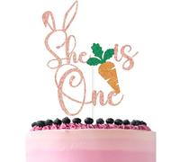 Rose Gold Glitter She is One Cake Topper, Bunny One Cheers 1 Year Décor, Spring Easter Rabbit Themed Baby's 1st Birthday Party Decorations Supplies (1, Rose Gold)