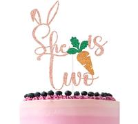 Rose Gold Glitter She is One Cake Topper, Bunny One Cheers 1 Year Décor, Spring Easter Rabbit Themed Baby's 1st Birthday Party Decorations Supplies (2, Rose Gold)