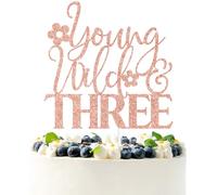 Rose Gold Glitter Young Wild & Three Cake Topper, Forest Woodland Campfire Themed 3rd Birthday Décor, Spring Flower Themed Baby's 3rd Birthday Party Decorations Supplies