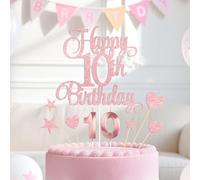Rose Gold Happy 10th Birthday Cake Decorations, Glitter 10th Birthday Cake Toppers Set and Numeral 10 Candles for Birthday Party Supplies, Heart Star Cupcake Decorations