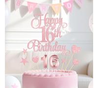 Rose Gold Happy 16th Birthday Cake Decorations, Glitter 16th Birthday Cake Toppers Set and Numeral 16 Candles for Birthday Party Supplies, Heart Star Cupcake Decorations