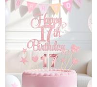 Rose Gold Happy 17th Birthday Cake Decorations, Glitter 17th Birthday Cake Toppers Set and Numeral 17 Candles for Birthday Party Supplies, Heart Star Cupcake Decorations