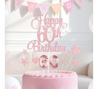 Rose Gold Happy 60th Birthday Cake Decorations, Glitter 60th Birthday Cake Toppers Set and Numeral 60 Candles for Birthday Party Supplies, Heart Star Cupcake Decorations