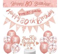 Rose Gold Happy 80th Birthday Banner, Sash, Cake Topper, Triangle Flag and Confetti Balloons for Party Decoration