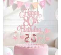 Rose Gold Happy 80th Birthday Cake Decorations, Glitter 80th Birthday Cake Toppers Set and Numeral 80 Candles for Birthday Party Supplies, Heart Star Cupcake Decorations