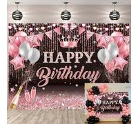 Rose Gold Happy Birthday Backdrop Pink and Black Glitter Champagne Balloons Photography Backdrop for 16th 18th 21st 30th Women Girls Birthday Photoshoot Background (6x4FT: 72x48 inch)