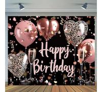 Rose Gold Happy Birthday Background Fabric - Heart and Leopard Balloon Design, Suitable for Indoor and Outdoor Celebrations 300x200cm