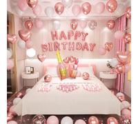 Rose Gold Happy Birthday Decorations for Girls Women Birthday Balloon Letters Banner with Heart-Shaped Champagne Bottle Lipstick Balloons Rose Petals for Room Birthday Party Decor