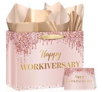 Rose Gold Happy Work Anniversary Party Gift Bag 11.8'' Happy Workiversary Wrapping Bag with Tissue Paper and Card Treat Bag for Women Employee Office Coworker Appreciation Thank You Party Supplies