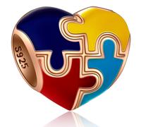 Rose Gold Heart-Shaped Autism Awareness Charms fits Pandora Valentines Bracelet 925 Sterling Silver Puzzle Pieces Enamel Colorful Beads for God Moth