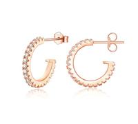Rose Gold Hoops Earrings for Women, Small Cubic Zirconia Paved Open Huggie Hoops | Sterling Silver Cuff Stud Earrings, Gold Earrings for Women Piercing Jewellery for Girls Teens, 10mm