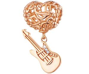 Rose Gold I Love Music Guitar Heart Pendant Charms, 925 Sterling Silver Openwork Musical Note Dangle Beads fit Pandora Christmas Bracelet/Necklace, Gift for BFF/Grandson/Family