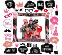 Rose Gold Inflatable Photo Booth Frame, 31 Pieces Birthday Party Photo Booth Props, Selfie Frame for Boys Girls Men Women Him Her Birthday Party Decorations