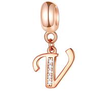 Rose Gold Letter V Charms, Initial V Alphabet Word Beads -Authentic 925 Sterling Silver Dangle CZ Birthstone, fit Pandora Valentines Bracelet, for Couple/Wifey/Bride Gifts