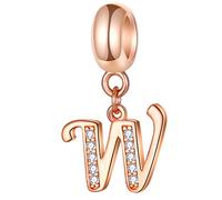 Rose Gold Letter W Charms, Initial W Alphabet Beads, 925 Sterling Silver Dangle CZ Birthstone Necklace Pendant, fits Pandora Women Bracelets, for Wife/New Mum/Baby Gifts