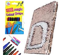 Rose Gold Magic Sequin A5 Notebook with 8x Colour Swap Fibre Pens - Flip to Silver Interactive Diary & Art Pen Set for Girls - Kids Writing, Drawing & Craft Gift - School Stationery Supplies