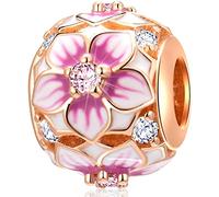 Rose Gold Magnolia Flowers Charms fit Pandora Valentines Day Bracelet, 925 Sterling Silver Magnolia Bloom Pale Cerise Enamel CZ Beads, First Mothers Day Gifts for Daughter/Best Mum/Sister