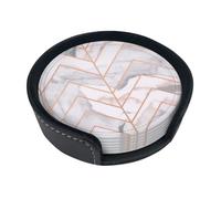 Rose Gold Marble Design Background Round Leather Coasters (6 Pieces) - Drink Coaster Set For Desk, Modern Easy To Clean Home Office & Farmhouse Coasters