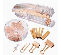 Rose Gold Office Stationary Set, Staplers and Staples, Spring Powered Desktop Stapler, Paperclips and Bulldog Clips Kit for Office, Storage, Teacher, School Supplies